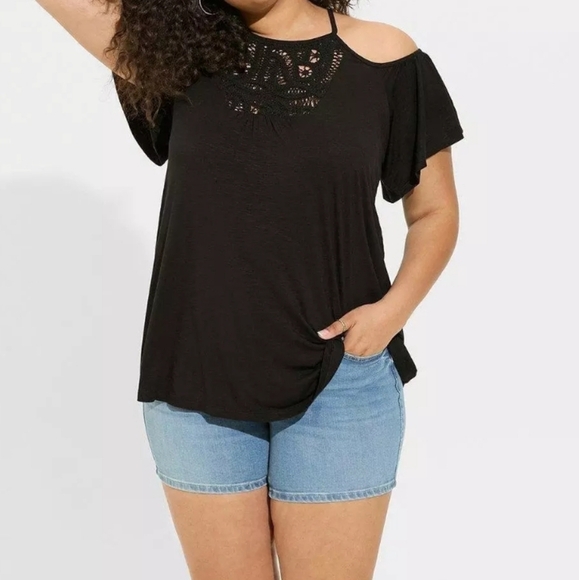 Torrid Casual Super Soft Slub High Neck Black Crochet Cold Shoulder Top XL - Picture 2 of 11